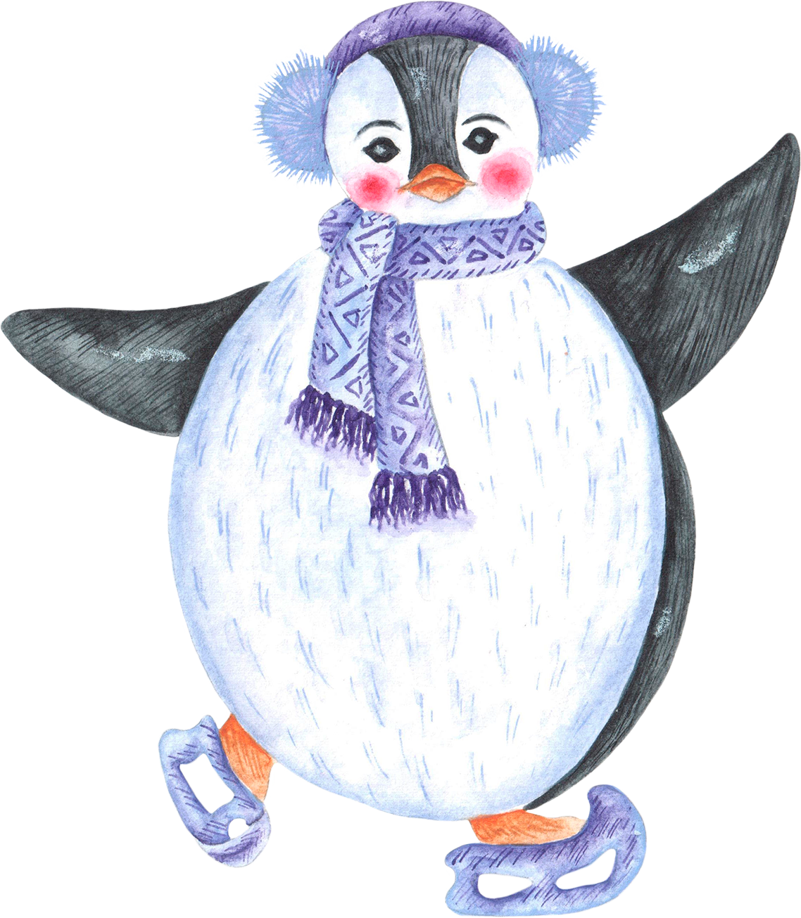 Penguin ice skating watercolor illustration. Christmas. Winter sport.